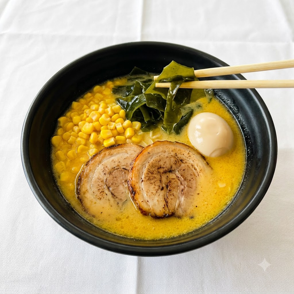 Palillos sosteniendo y colocando tiras de alga verde oscura en un bol de ramen japonés.