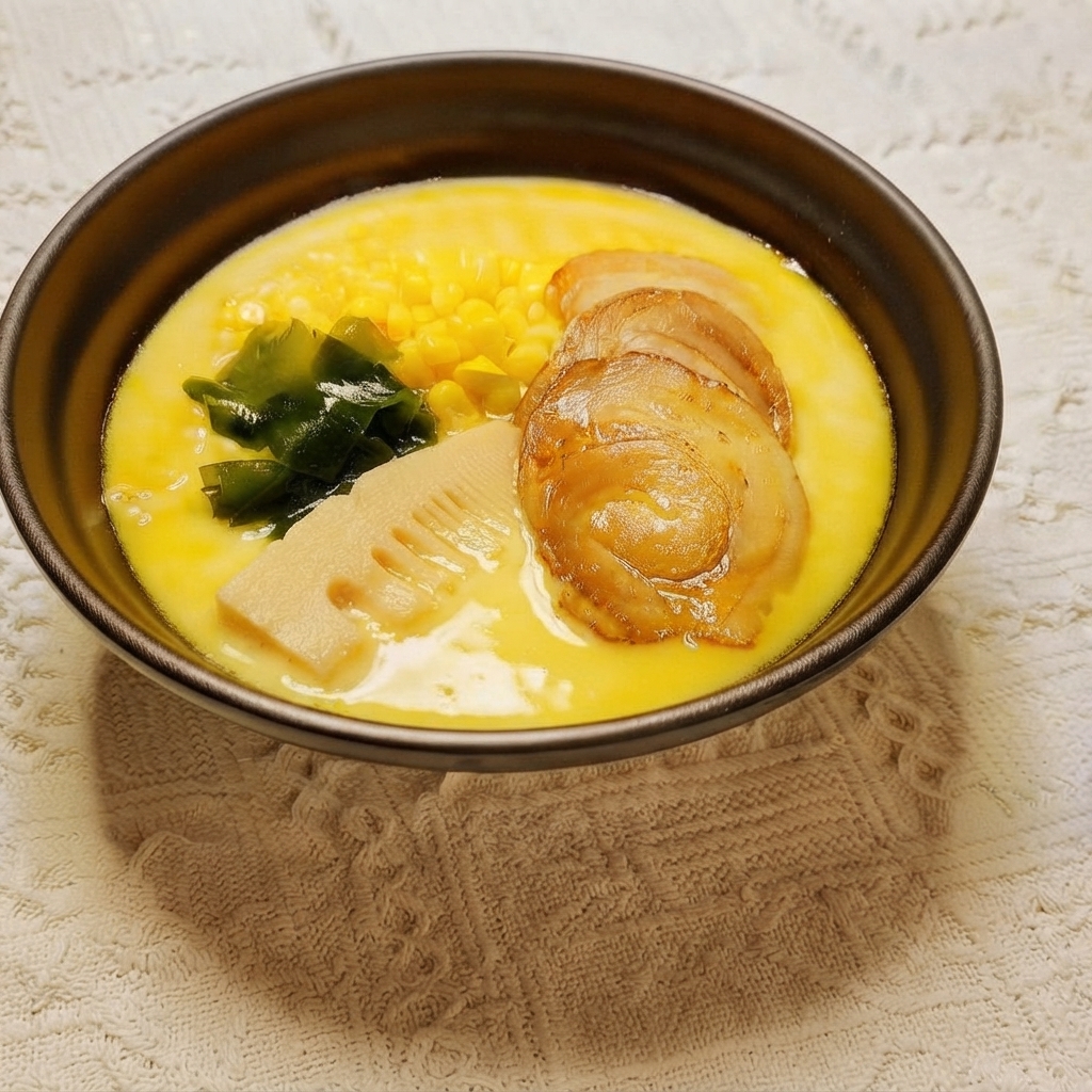 Una rebanada de brote de bambú siendo colocada en un bol preparado de fideos ramen.