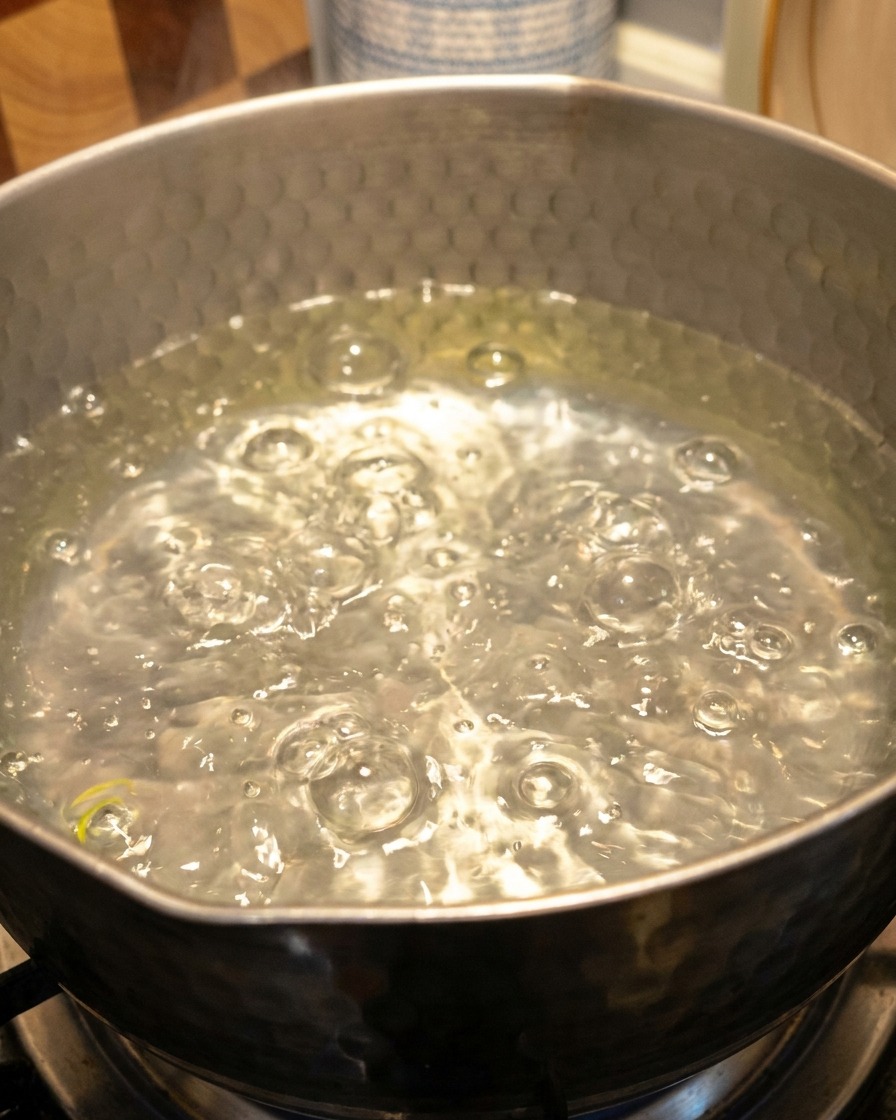 Algas verdes hirviendo en una olla con agua.