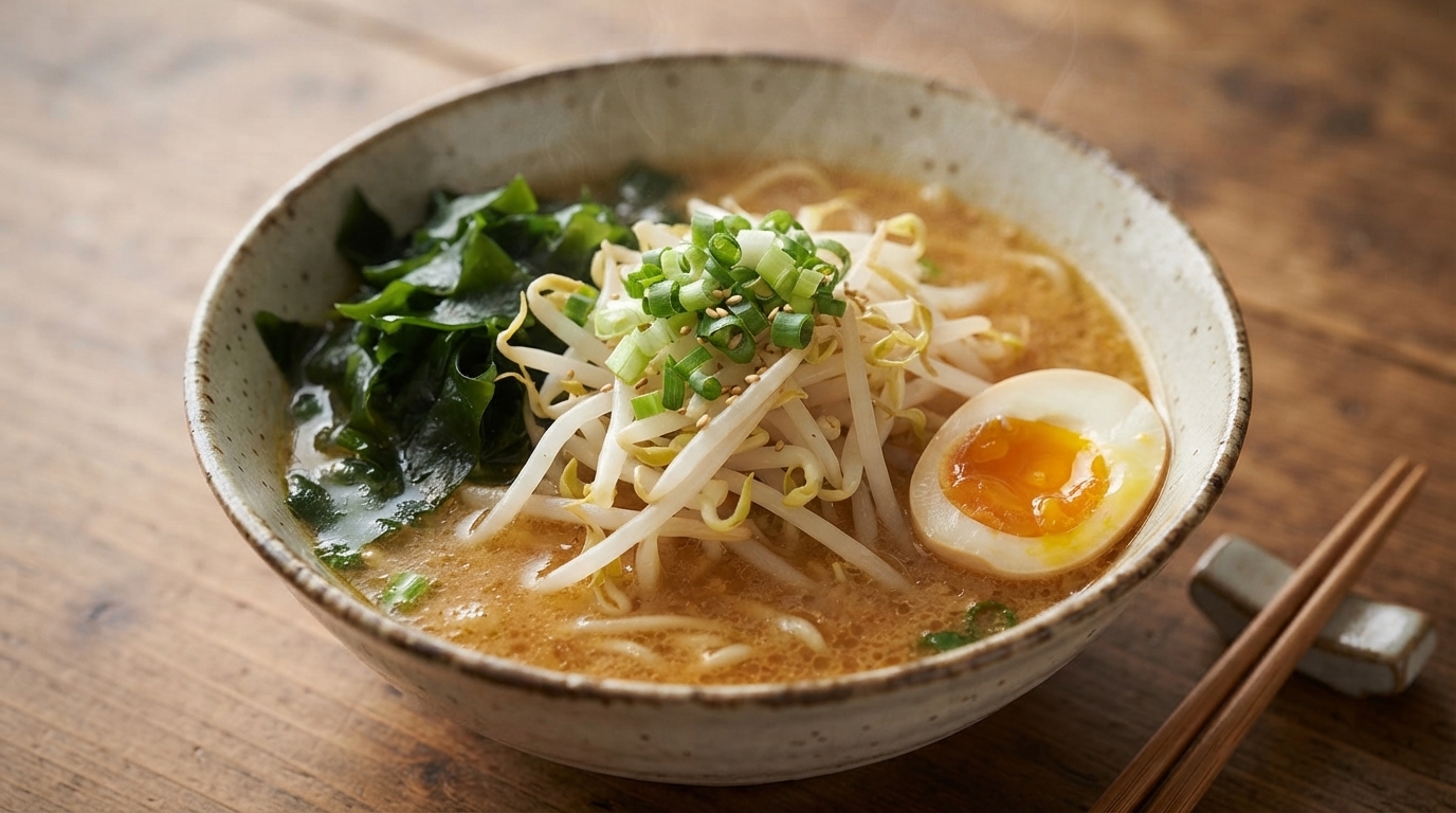 Un humeante tazón de ramen de miso casero, adornado con brotes de soja, alga verde y un huevo pasado por agua.
