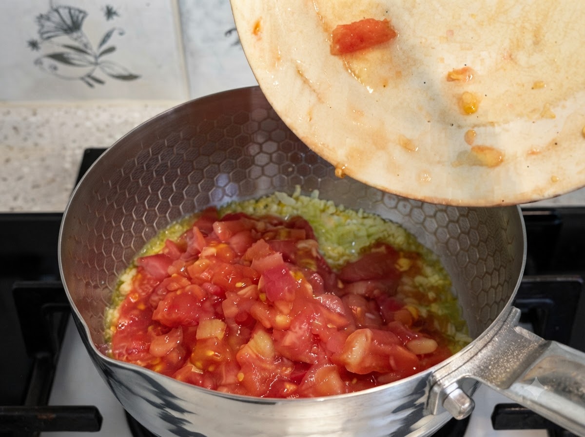 Salsa y agua limpia vertiéndose en la olla que contiene los tomates sofritos.