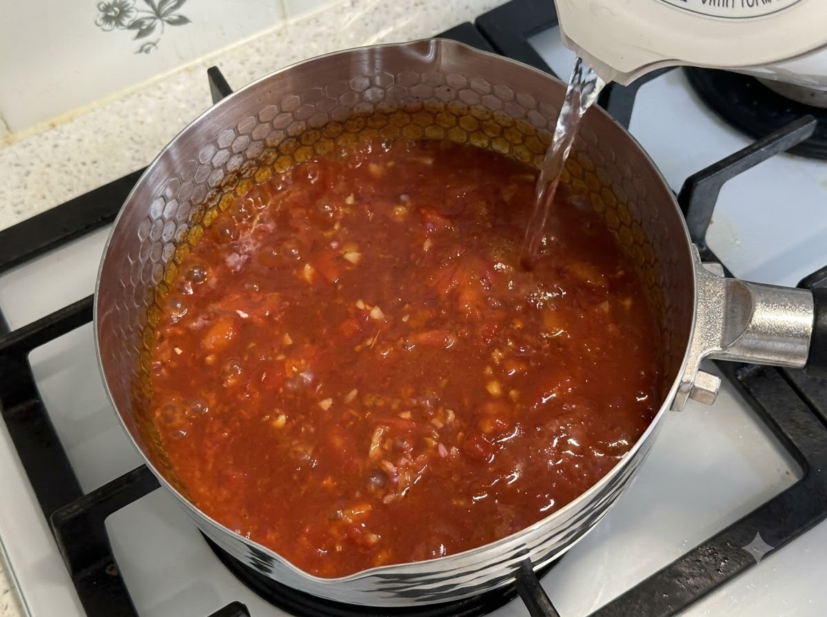 Fideos udon, verduras, bolas de pasta de camarón y carne de res grasa añadiéndose a la sopa de tomate hirviendo.