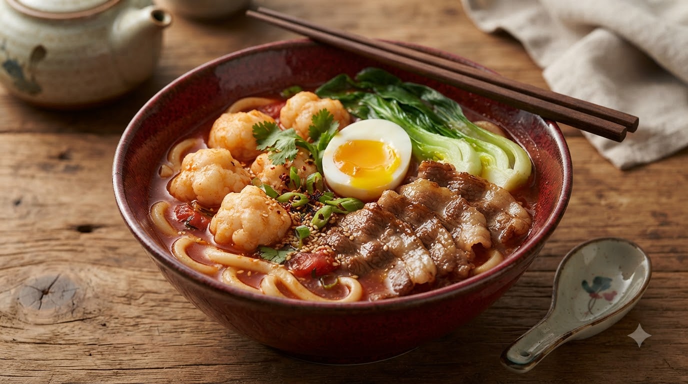 Udon de Ternera al Tomate con Albóndigas de Camarón Caseras
