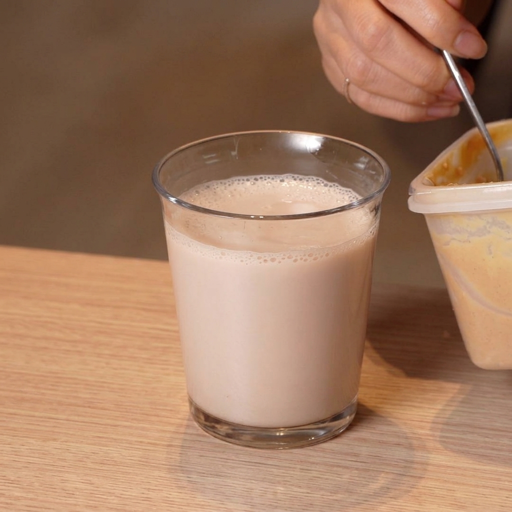 Una cuchara con miso orgánico siendo revuelta en un vaso de leche de soja multigrano.