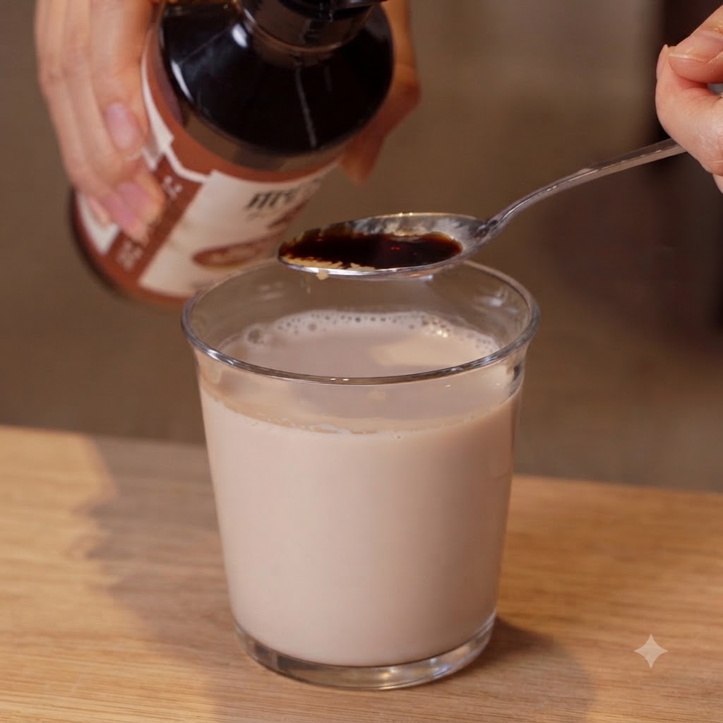 Un chorrito de salsa de soja ligera siendo vertido desde una botella sobre una cuchara sostenida encima del vaso de leche de soja.