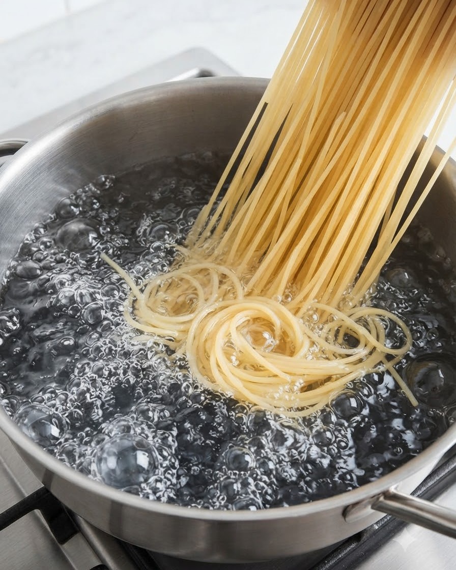Un paquete de fideos ramen frescos introduciéndose en una olla con agua hirviendo vigorosamente llena de burbujas.