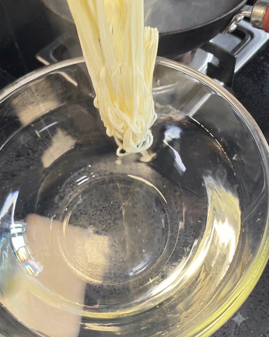Fideos cocidos siendo retirados y colocados en un bol con agua fría.