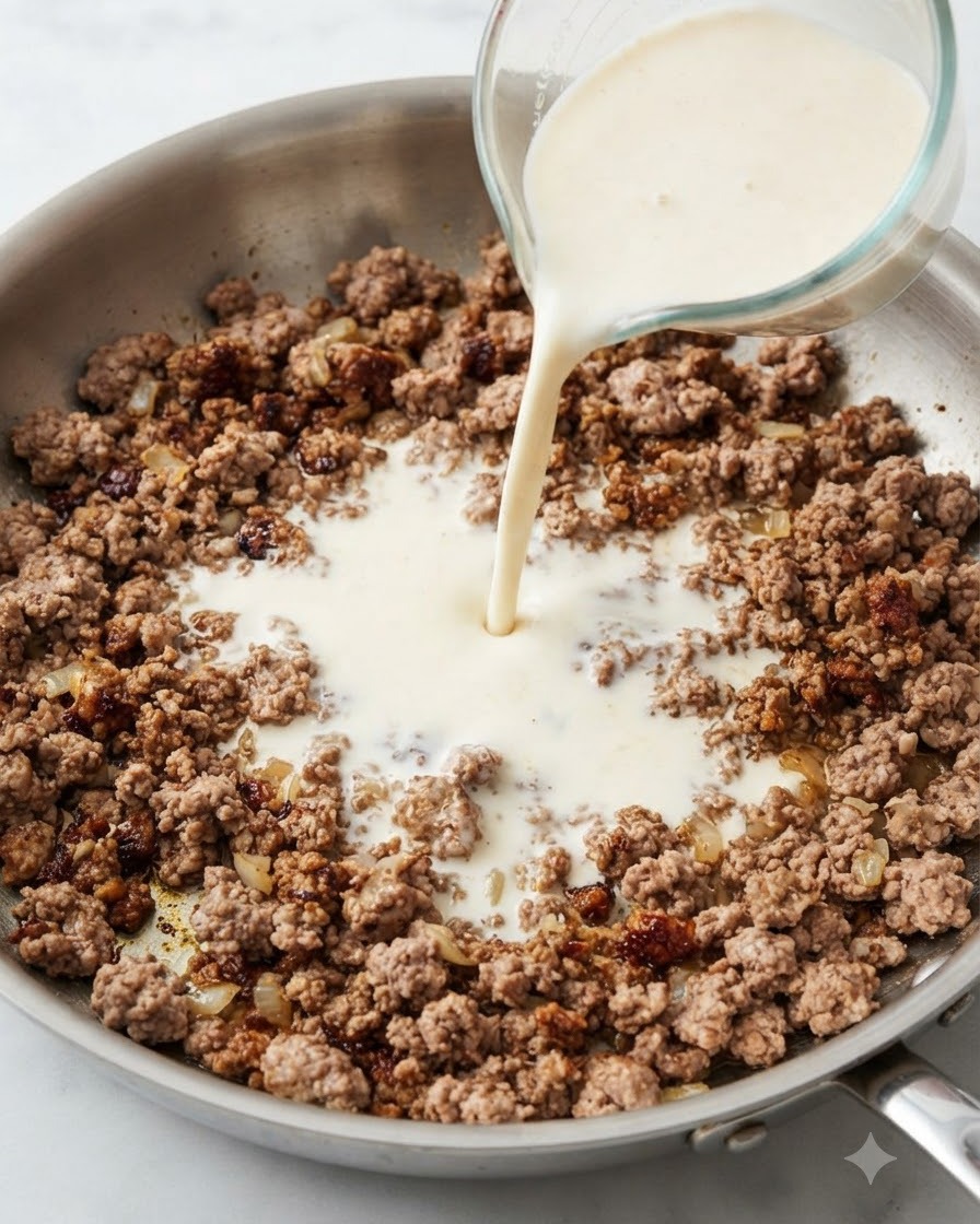Leche de soja de color amarillo pálido siendo vertida desde una jarra medidora de vidrio en una sartén con carne picada cocinada.