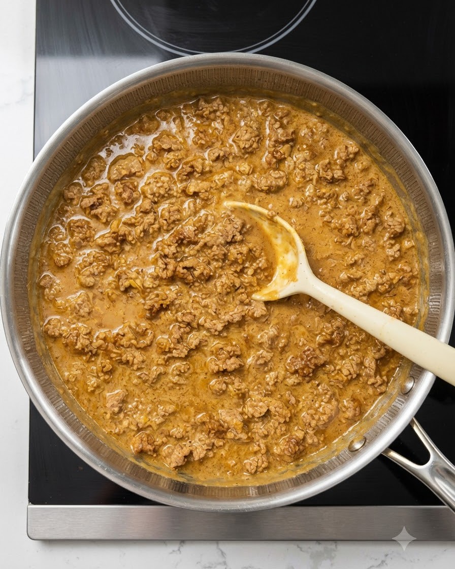 Una cuchara de color amarillo claro removiendo una salsa cremosa y burbujeante de carne y leche de soja dentro de una sartén de acero inoxidable.
