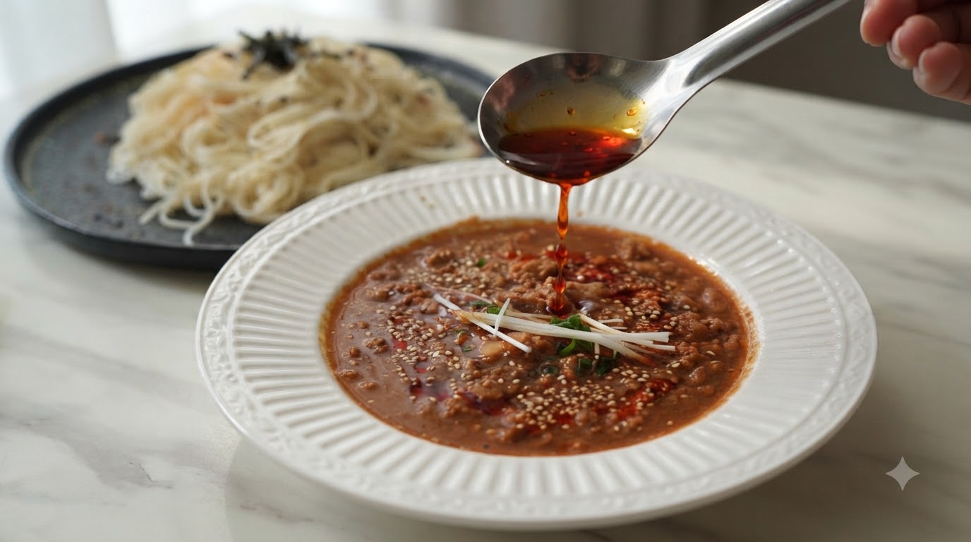 Una cucharada de aceite de chile rojo brillante rociada sobre la rica salsa de carne con leche de soja y miso