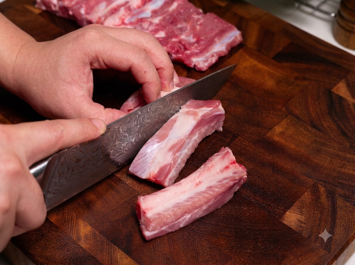 Un cuchillo afilado cortando costillas de cerdo crudas en porciones más pequeñas sobre una tabla de cortar de madera.