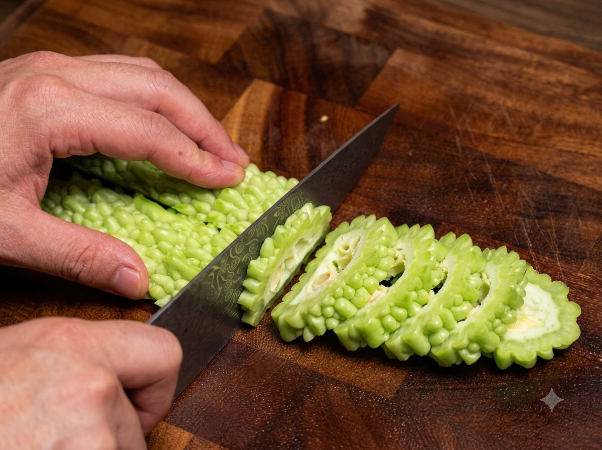 Melón amargo verde siendo cortado en rodajas gruesas sobre una tabla de cortar de madera.