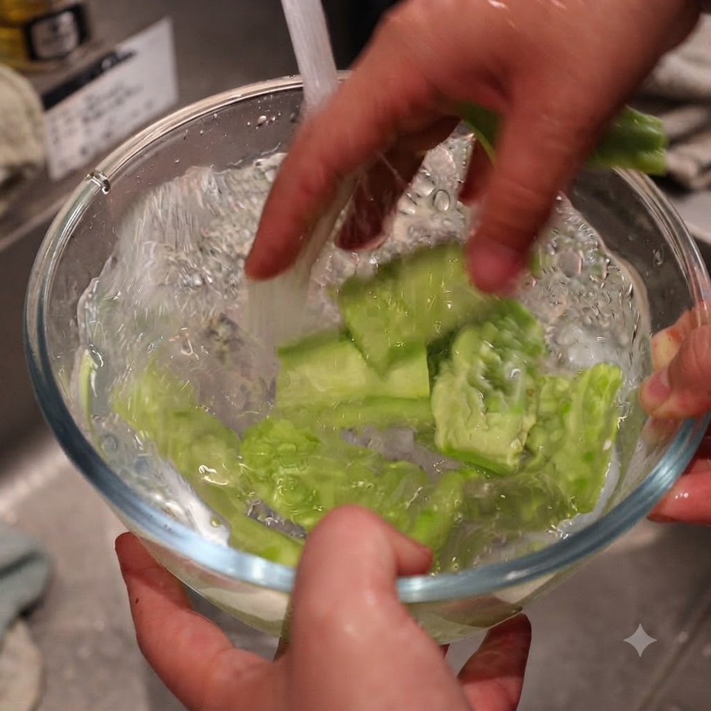 Manos lavando trozos de melón amargo en un bol de vidrio con agua y sal.