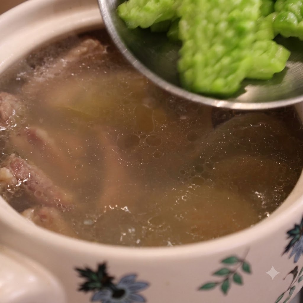 Trozos de melón amargo verde siendo arrojados desde una cuchara en una olla de sopa hirviendo a fuego lento.