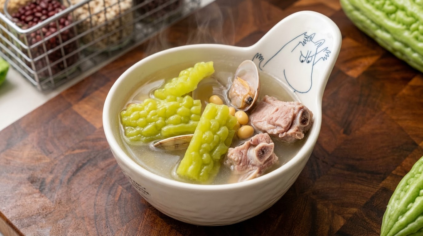 Un plato de sopa de costillas de cerdo con melón amargo, almejas y soja con caldo claro e ingredientes frescos