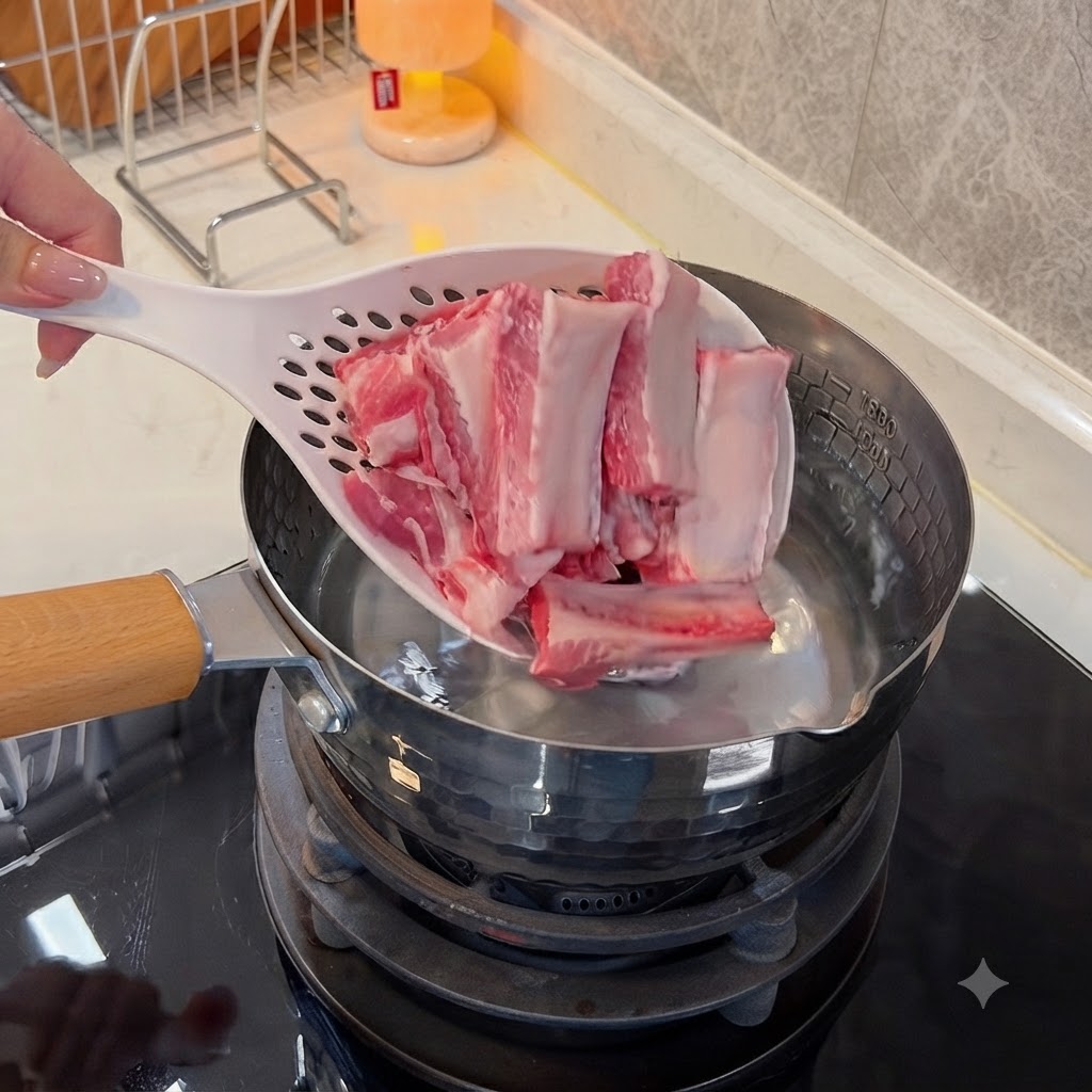 Una cuchara ranurada bajando trozos de costillas de cerdo crudas en una olla de acero inoxidable llena de agua fría.