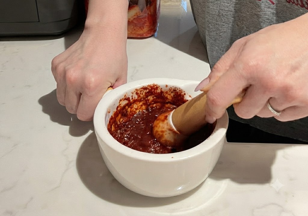 Machacando pasta de chile y ajo en un mortero de cerámica blanco con un mazo de madera.
