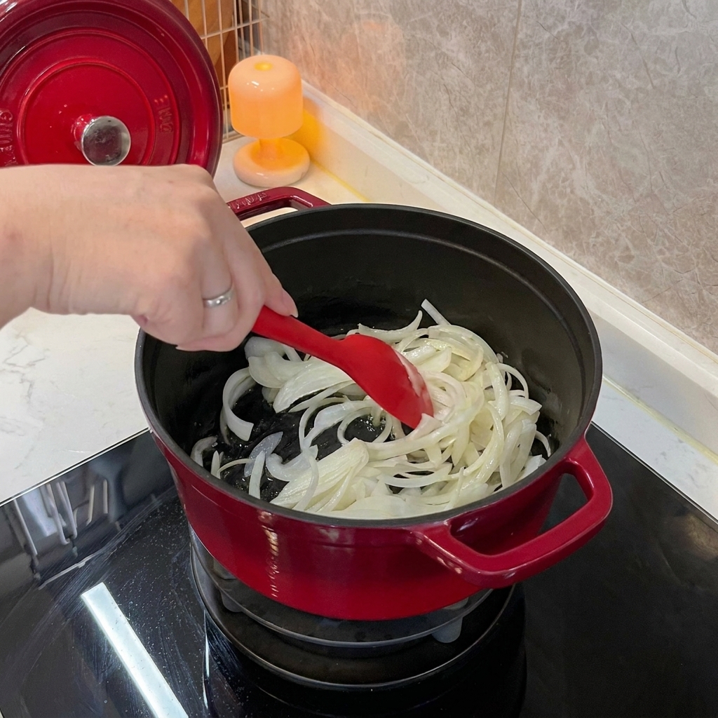 Sofriendo cebollas blancas en rodajas en una olla de hierro fundido roja usando una espátula de silicona roja.