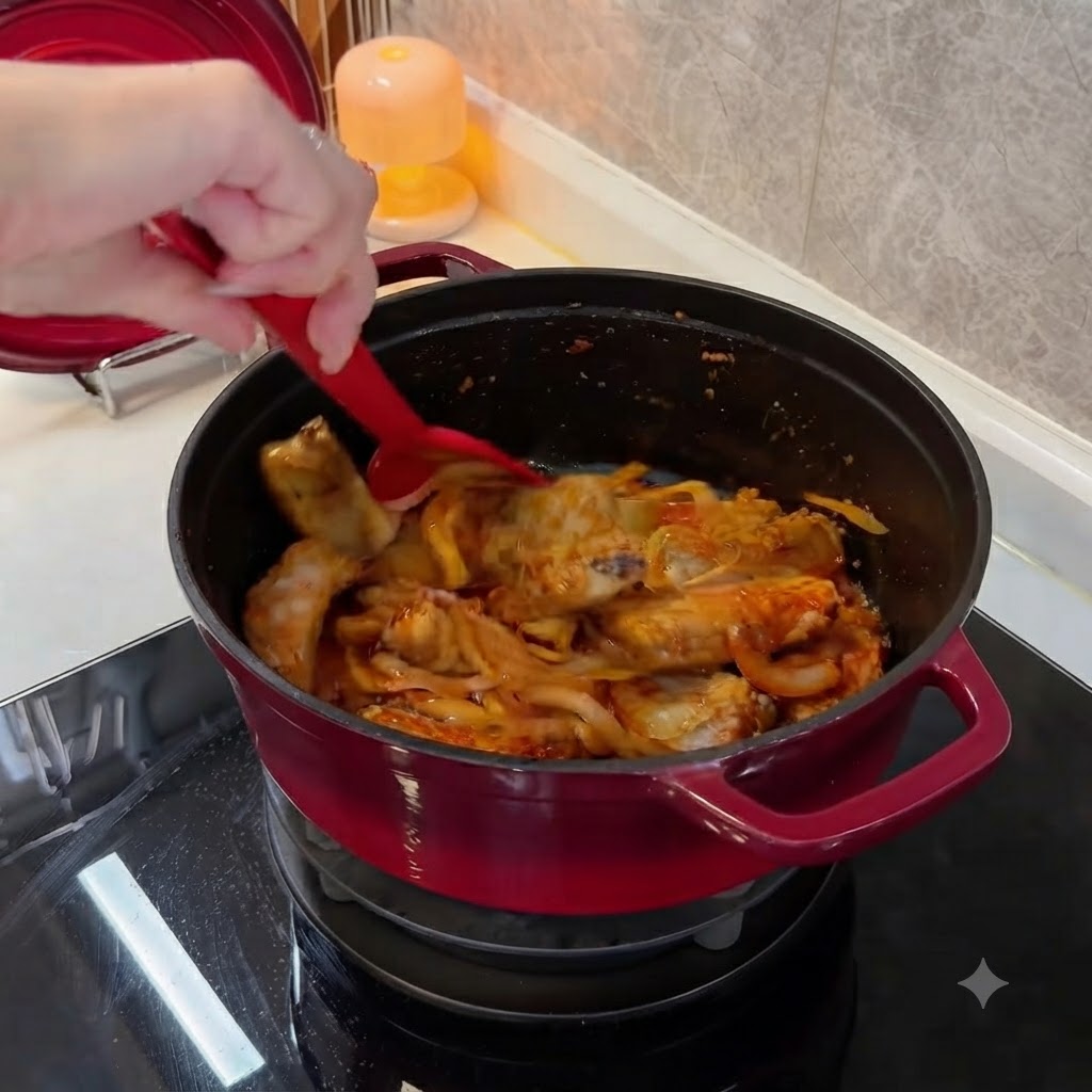 Una olla de cocina roja en una estufa con costillas y cebollas siendo mezcladas usando una espátula de silicona roja.