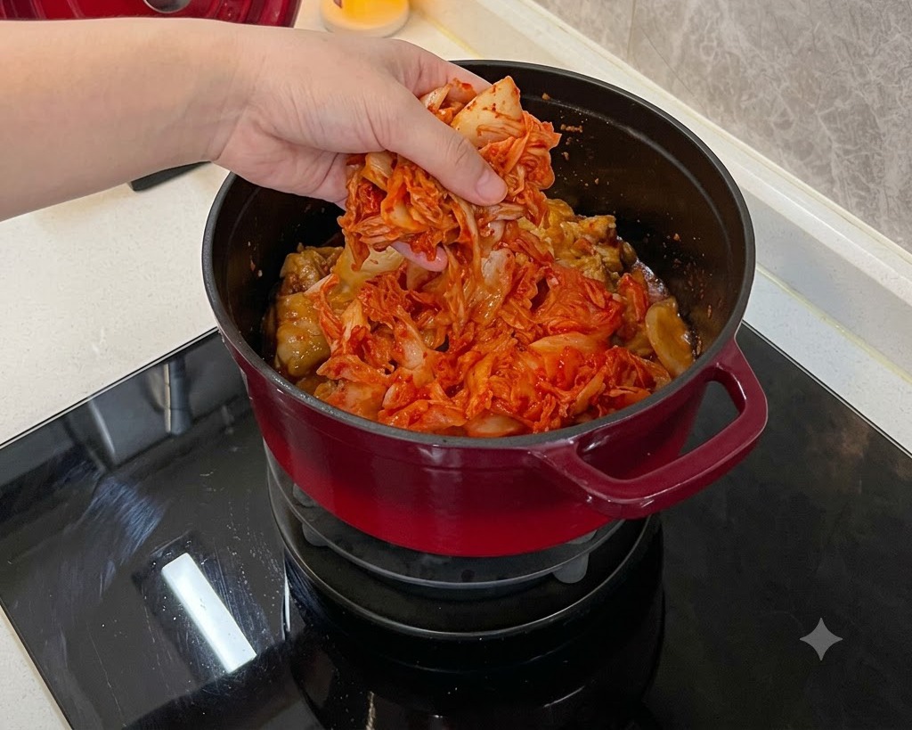 Una mano colocando una gran pila de kimchi fermentado rojo brillante sobre las costillas de cerdo en una olla.