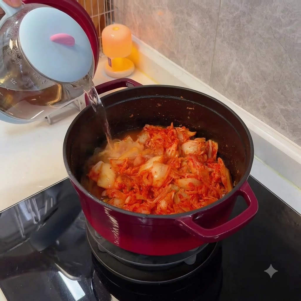 Virtiendo agua caliente clara desde una tetera de vidrio en una olla roja llena de kimchi.