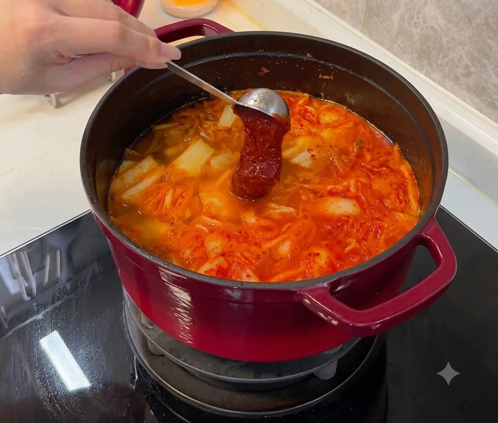 Una cuchara sosteniendo gochujang rojo espeso siendo sumergida en una olla burbujeante de estofado de kimchi.