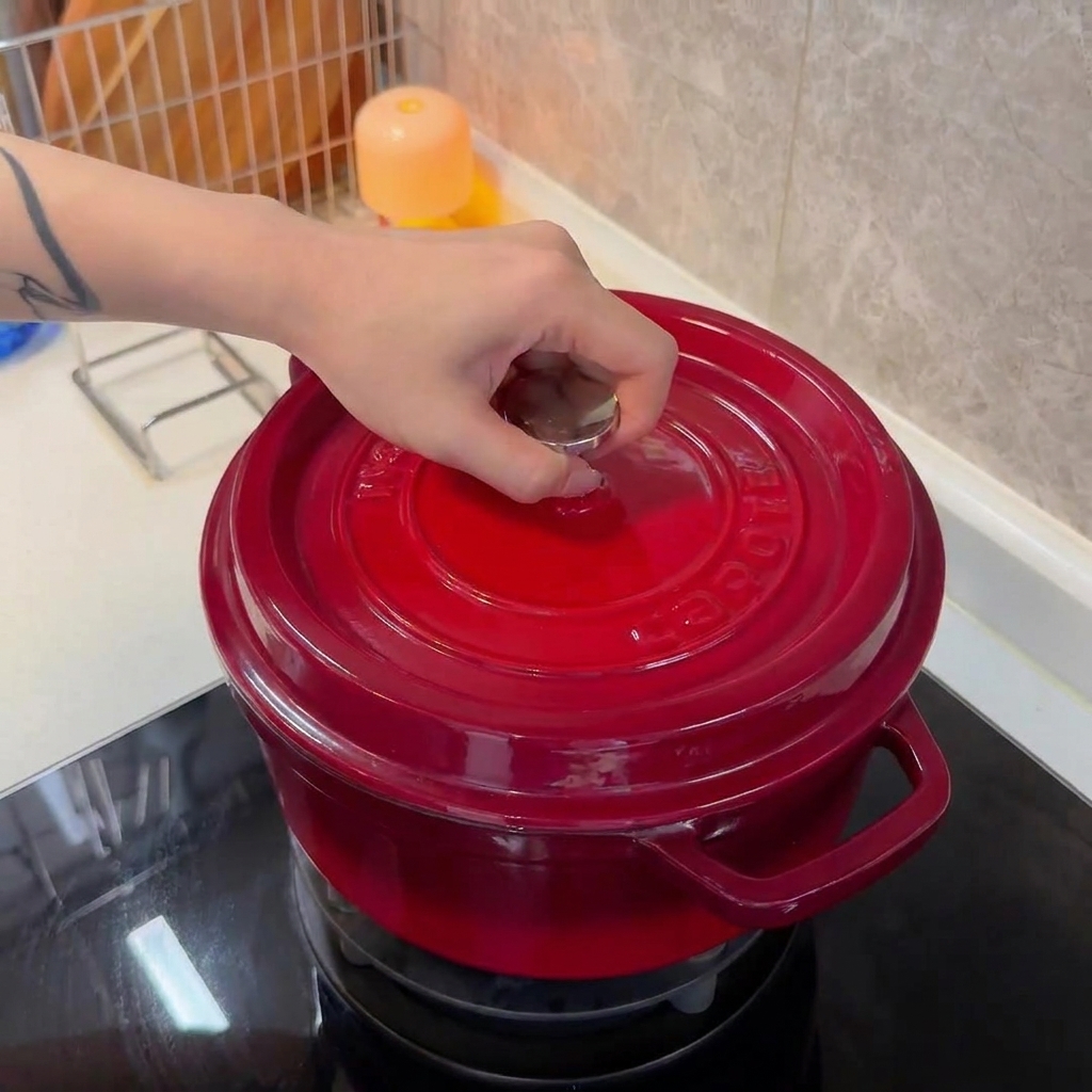 Una persona colocando la tapa en una olla de hierro fundido roja apoyada en una placa de inducción negra.