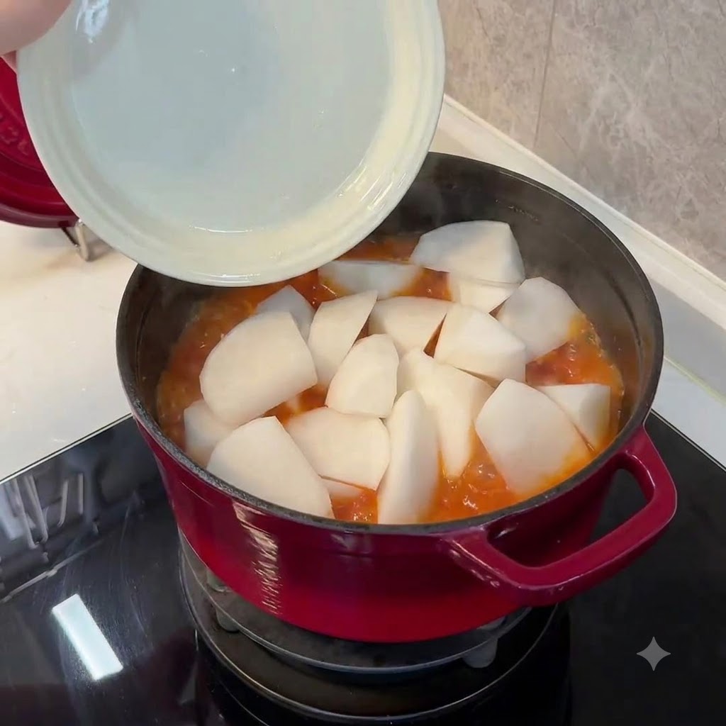 Un plato blanco deslizando trozos gruesos de rábano blanco en un estofado rojo hirviendo a fuego lento dentro de una olla roja.