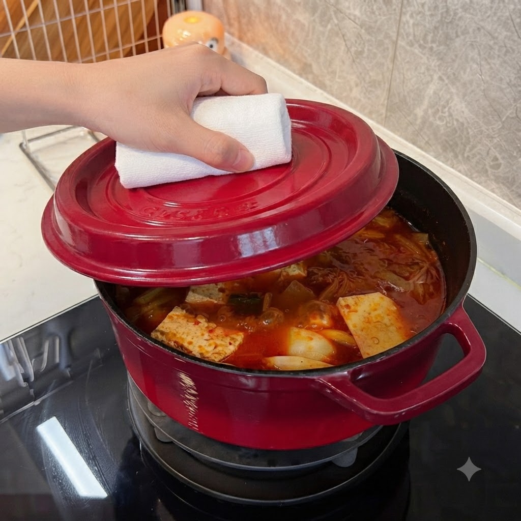 Una mano sosteniendo un paño de cocina blanco mientras vuelve a colocar la tapa en una olla roja llena de estofado.