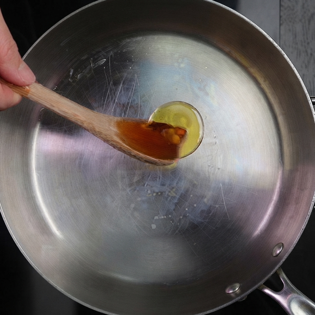 Una mano sosteniendo una cuchara de madera llena de aceite dorado, vertiéndolo en una sartén de acero inoxidable vacía.