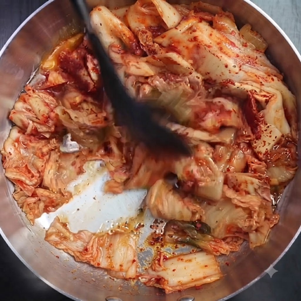 Kimchi y chile en polvo salteándose en una olla con un utensilio de cocina.