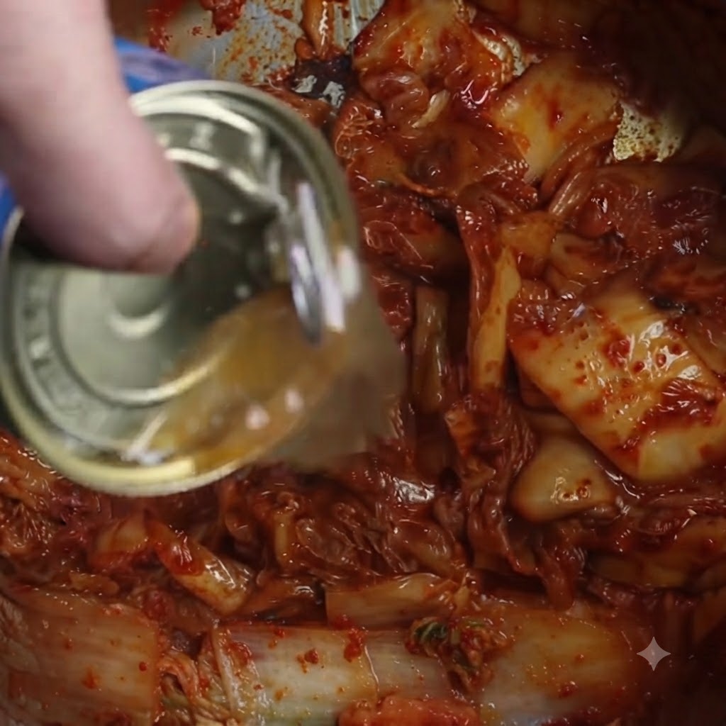 Líquido de un envase de pescado en lata siendo vertido en una olla de kimchi cocinado.
