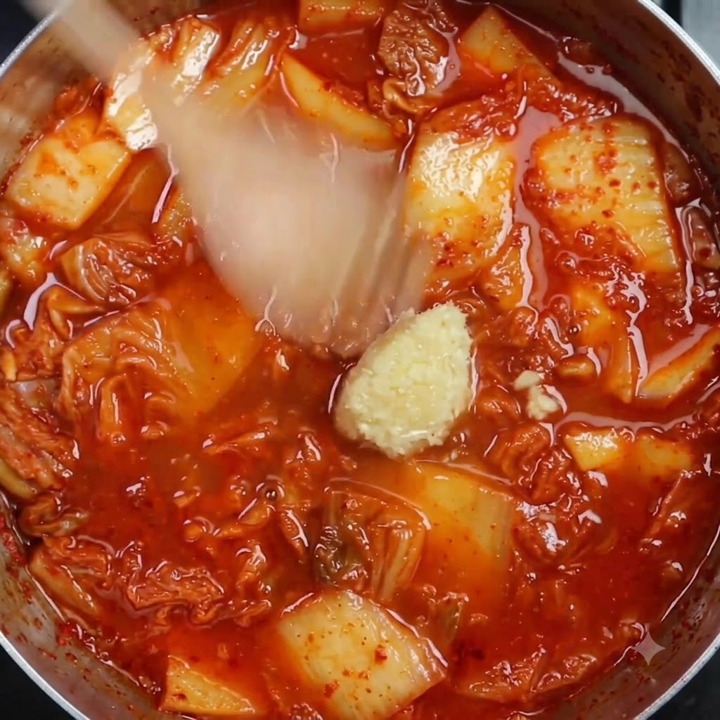 Ajo picado y condimento líquido reposando en un caldo de kimchi rojo a fuego lento.