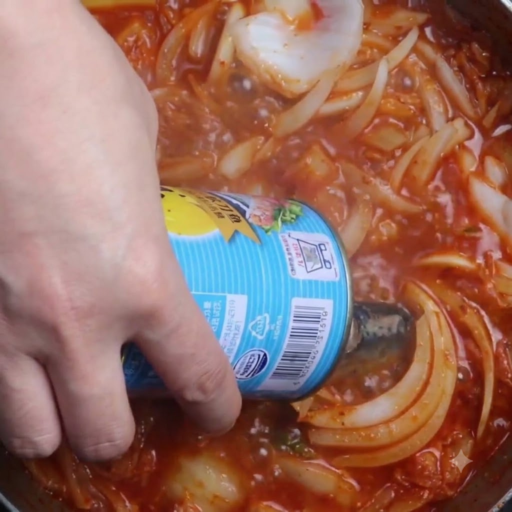 Pescado de sardina siendo añadido desde una lata a una olla humeante de caldo y cebollas.