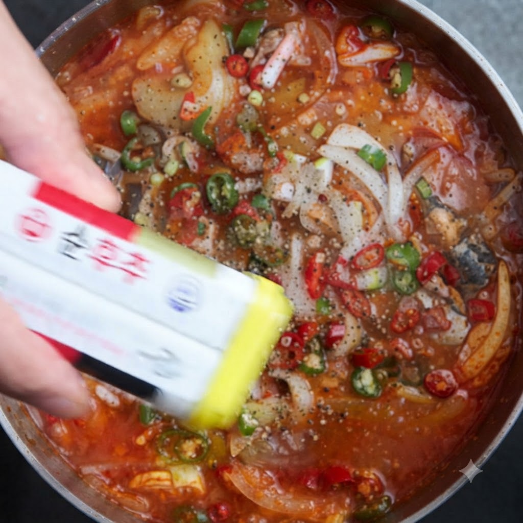 Una mano agitando un envase amarillo y blanco para espolvorear pimienta molida sobre una olla de estofado de sardinas.