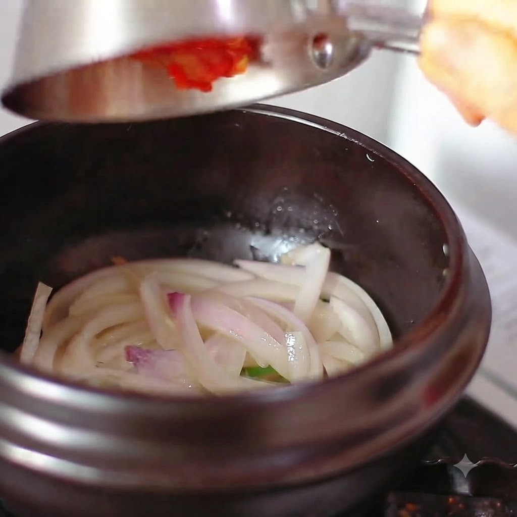 Polvo de chile rojo y trozos de kimchi vertiéndose en la olla con la cebolla.