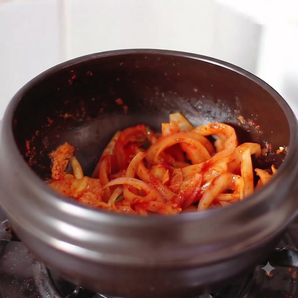 Mezcla de cebolla y kimchi salteado cocinándose a fuego lento en una olla oscura con líquido.