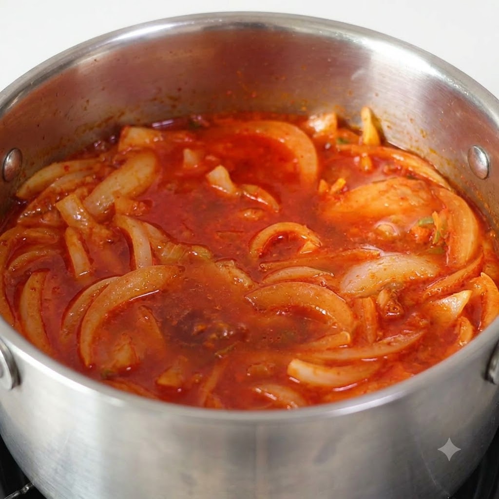 Trozos de atún mezclándose en una base de sopa rojiza dentro de una olla de cocción.