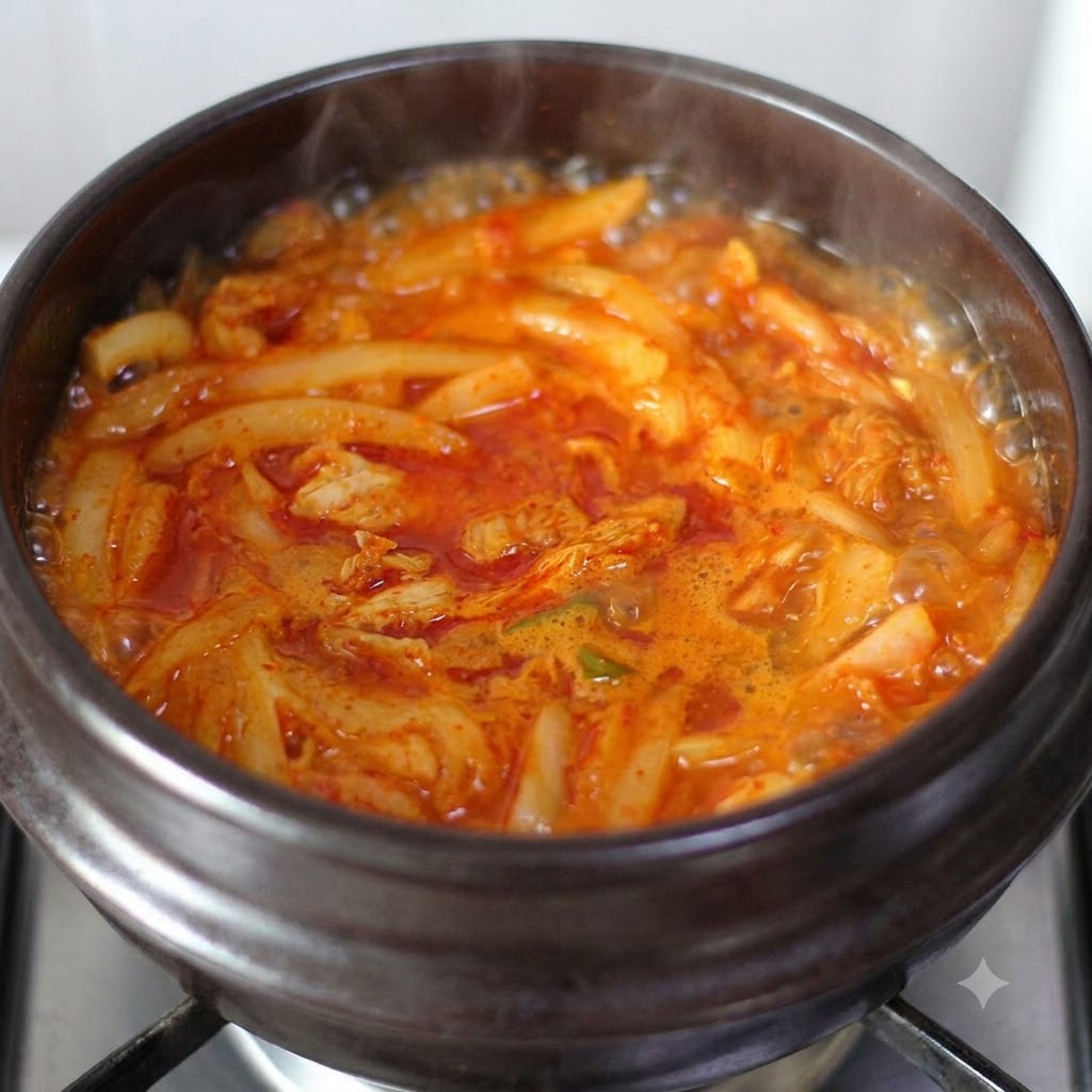Sopa rojiza burbujeando en una olla de barro con vapor visible.