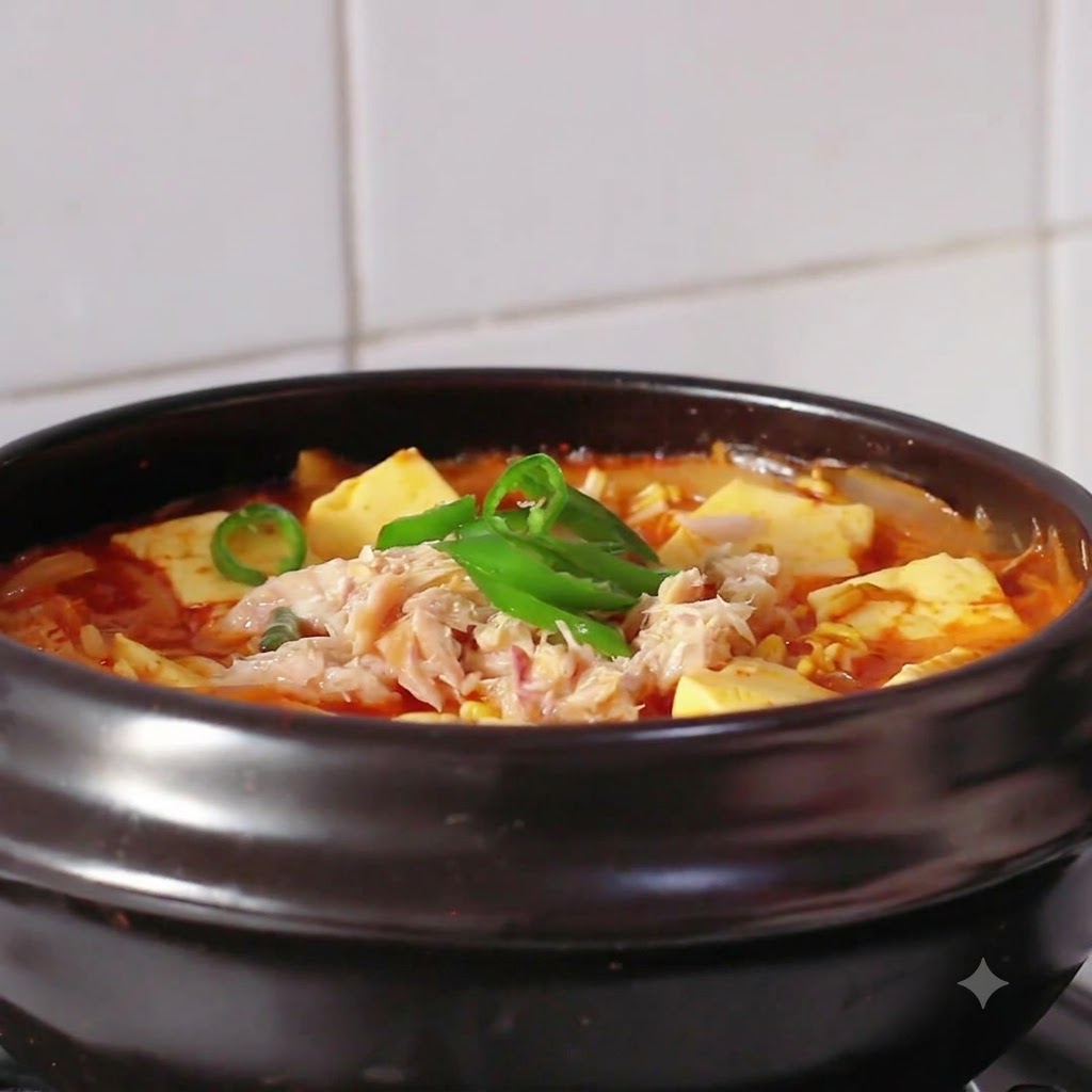 Un tazón caliente de sopa de kimchi, atún y tofu decorada con aros de chile verde, rojo y semillas de sésamo blanco.