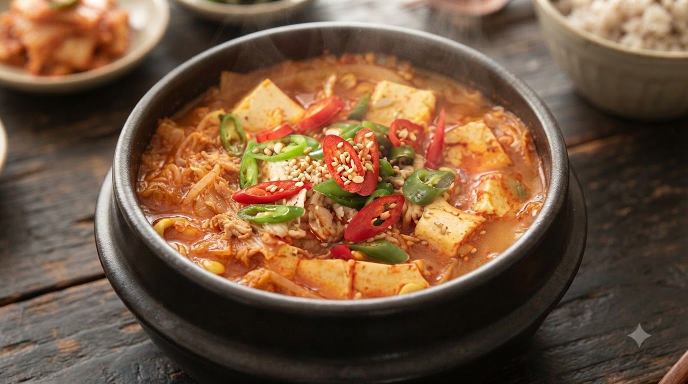 Una cazuela de cerámica oscura con sopa de kimchi, atún y tofu burbujeante, decorada con aros de chile rojo, verde y semillas de sésamo.