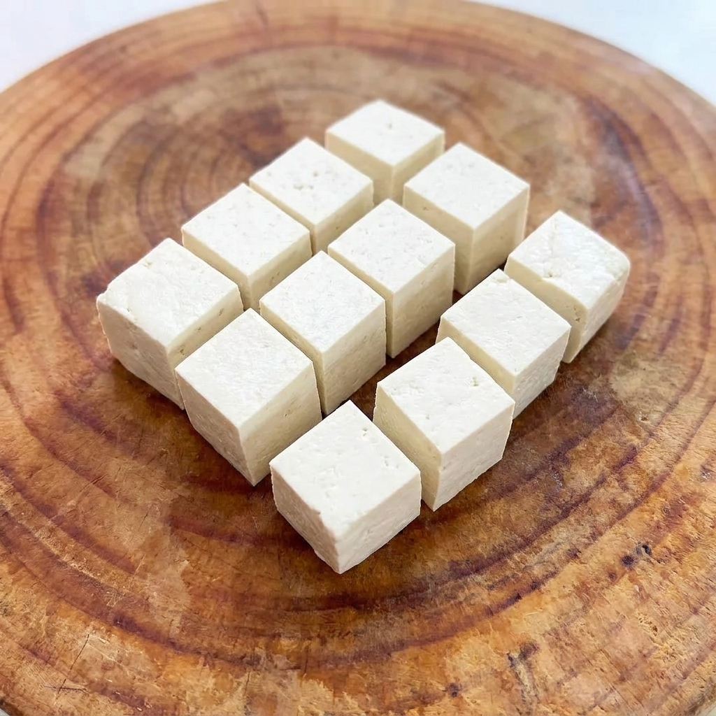 Cubos de tofu blanco perfectamente cortados y dispuestos ordenadamente sobre una tabla de madera.
