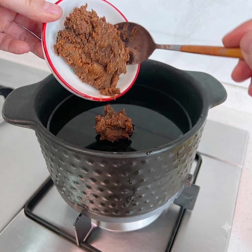 Dos cucharadas de pasta de soja siendo añadidas en una olla con agua hirviendo.