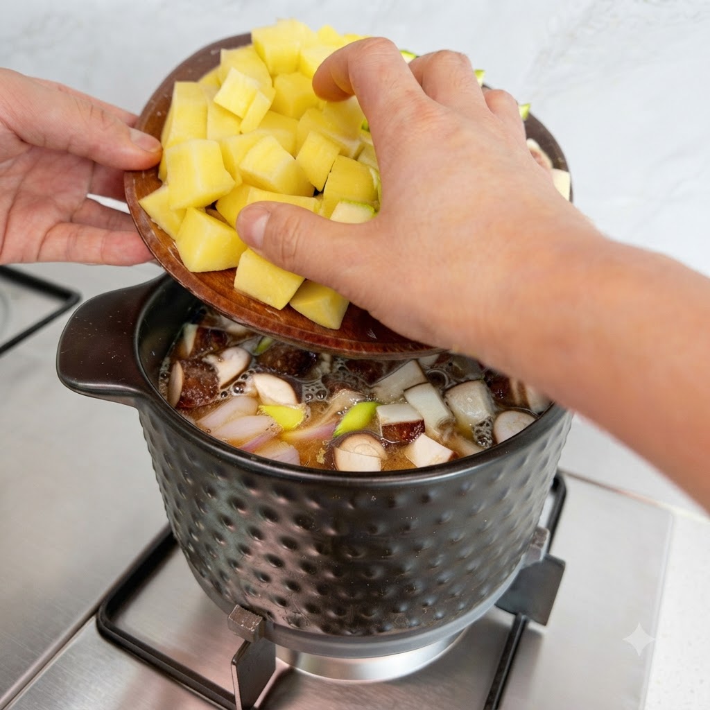 Patatas amarillas y calabacín en cubitos siendo añadidos desde una bandeja de madera en la olla de cocción.