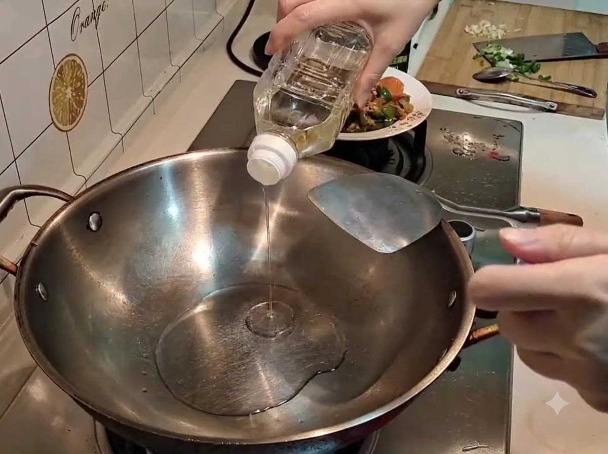 Una mano vertiendo aceite de cocina transparente desde una botella de plástico en un wok de acero inoxidable caliente.