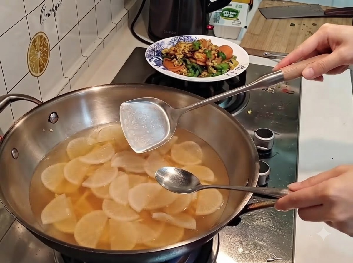 Una espátula y una cuchara removiendo una olla de sopa hirviendo con rábanos y caldo.
