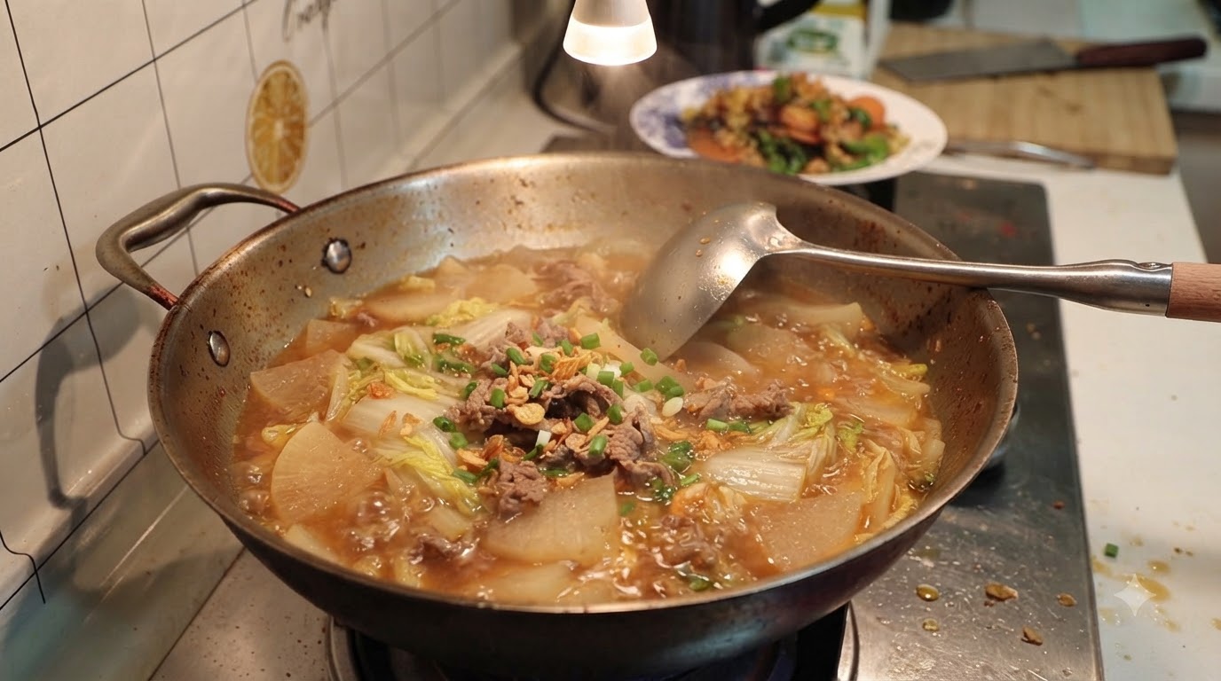 Un wok de metal rústico lleno de sopa burbujeante de rábano, col china y ternera en un sabroso caldo rojo.