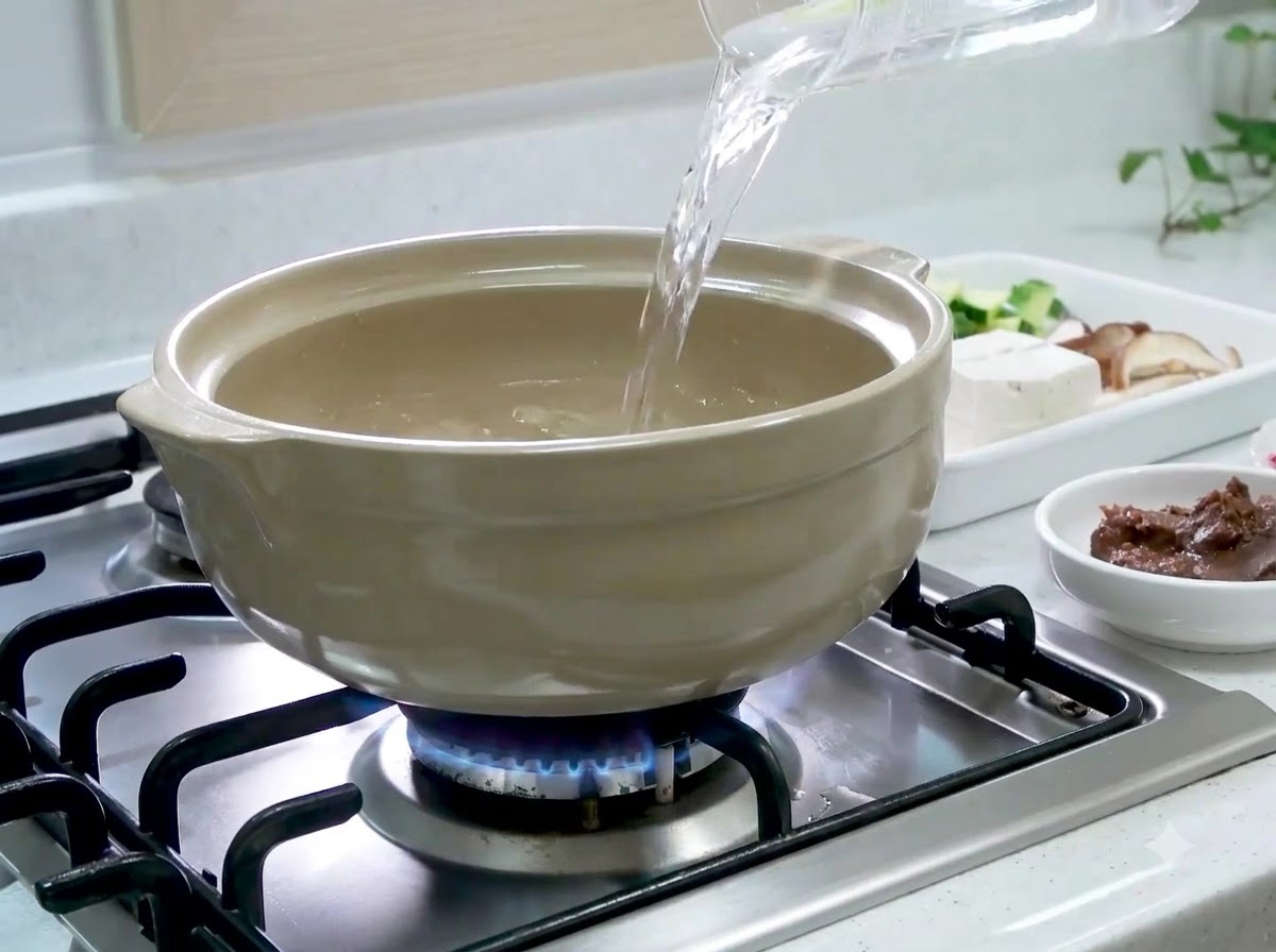 Agua vertiéndose desde una jarra medidora transparente en una olla de cerámica beige sobre un quemador de gas encendido.