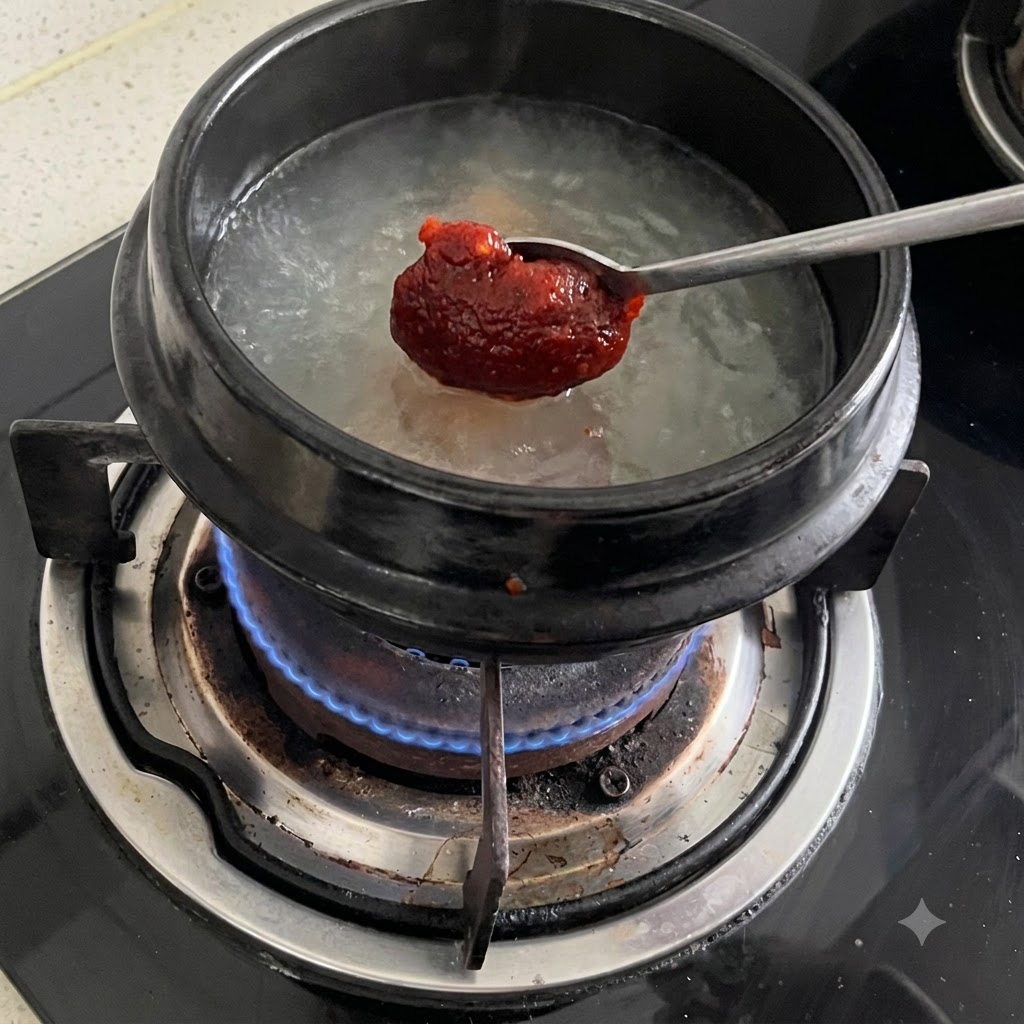 Una cuchara con pasta ssamjang colocada sobre una olla de caldo a fuego lento.