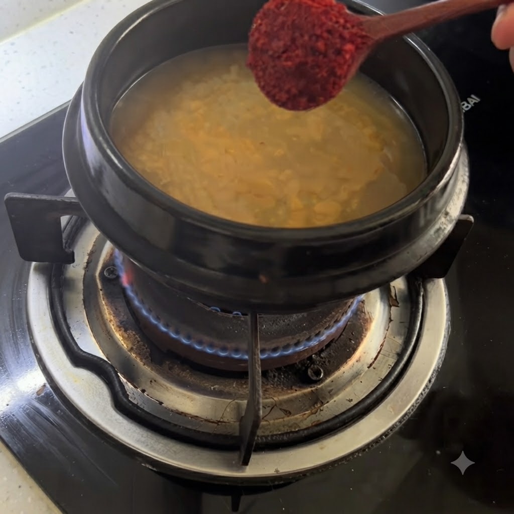 Una cuchara de madera con chile en polvo sobre una olla de caldo sazonado.